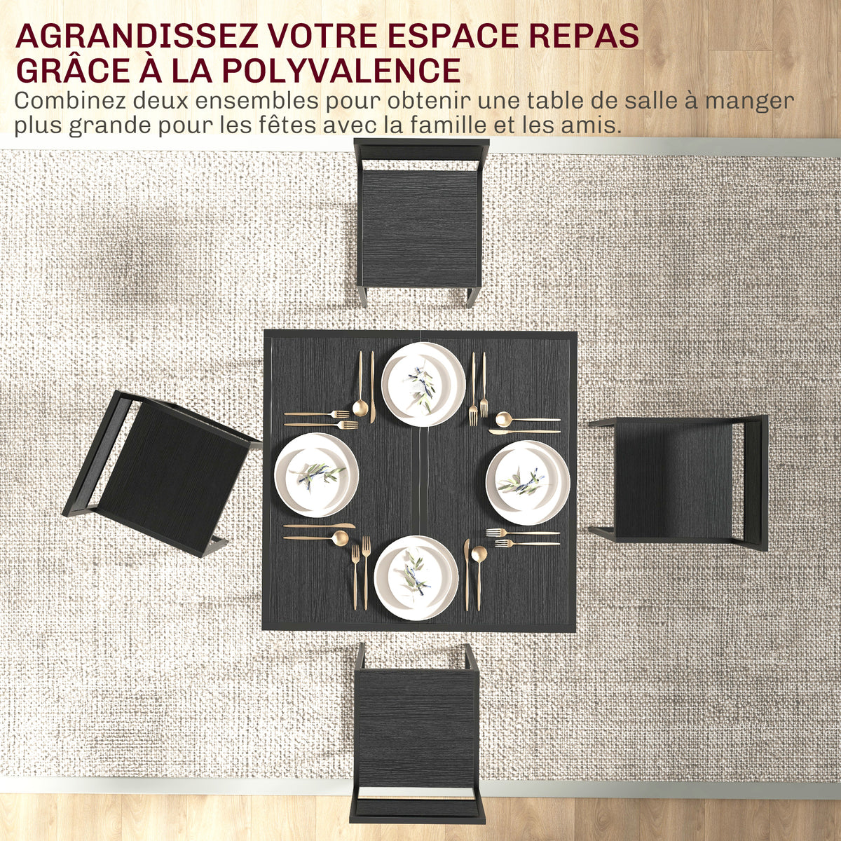Ensemble table et chaises , table à manger 3 pièces avec 2 chaises encastrables, pour cuisine salon maison, noir