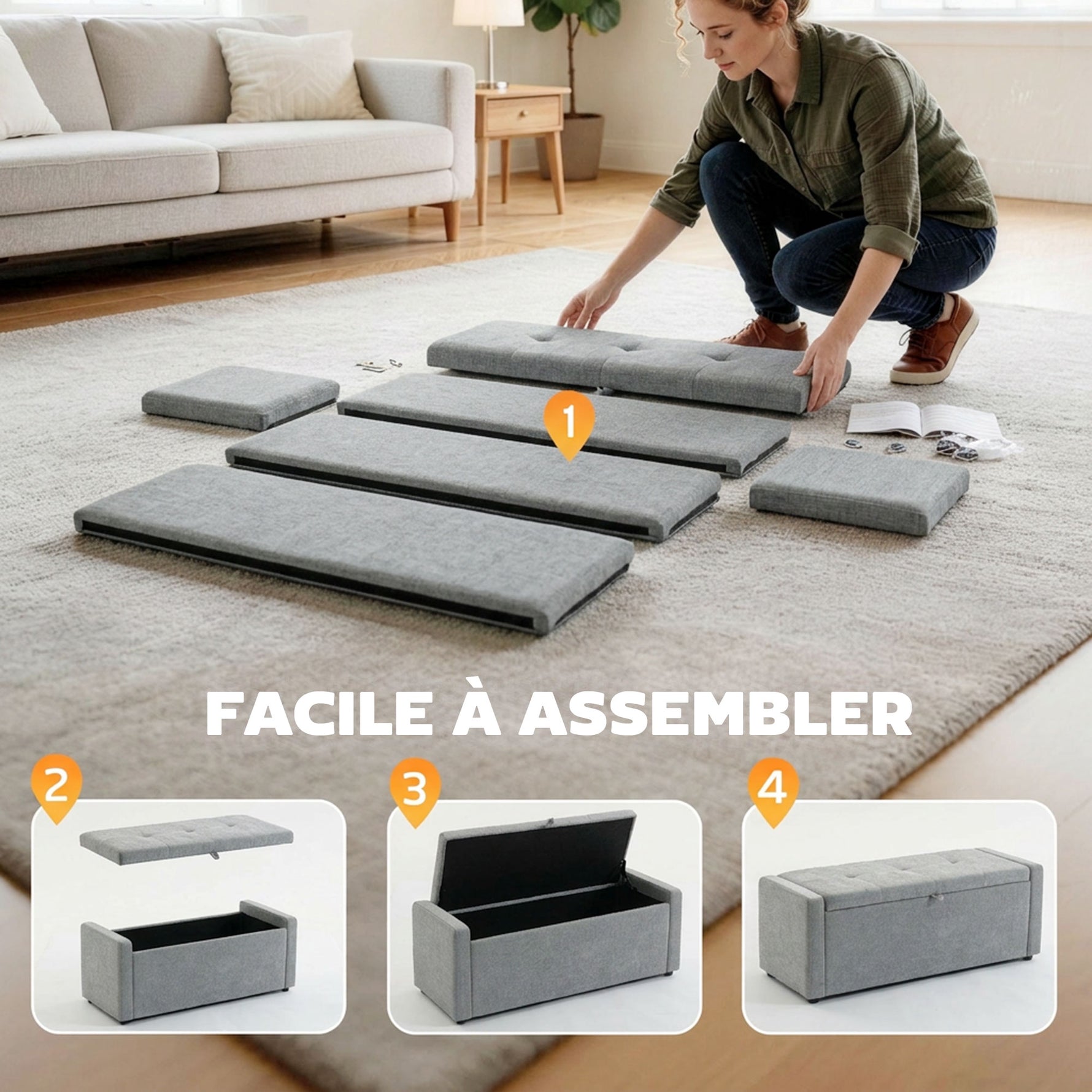 Banc de rangement, bout de lit, repose-pieds rembourré en lin avec assise large, 122 x 48 x 44 cm, gris clair