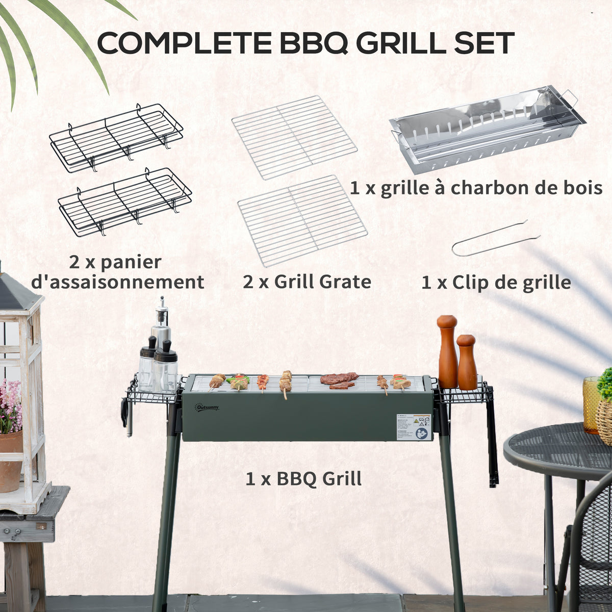 Barbecue au charbon de bois avec 2 grilles portable BBQ Grill sur Pieds amovibles2 paniers latéraux, 94L x 39l x 70H cm