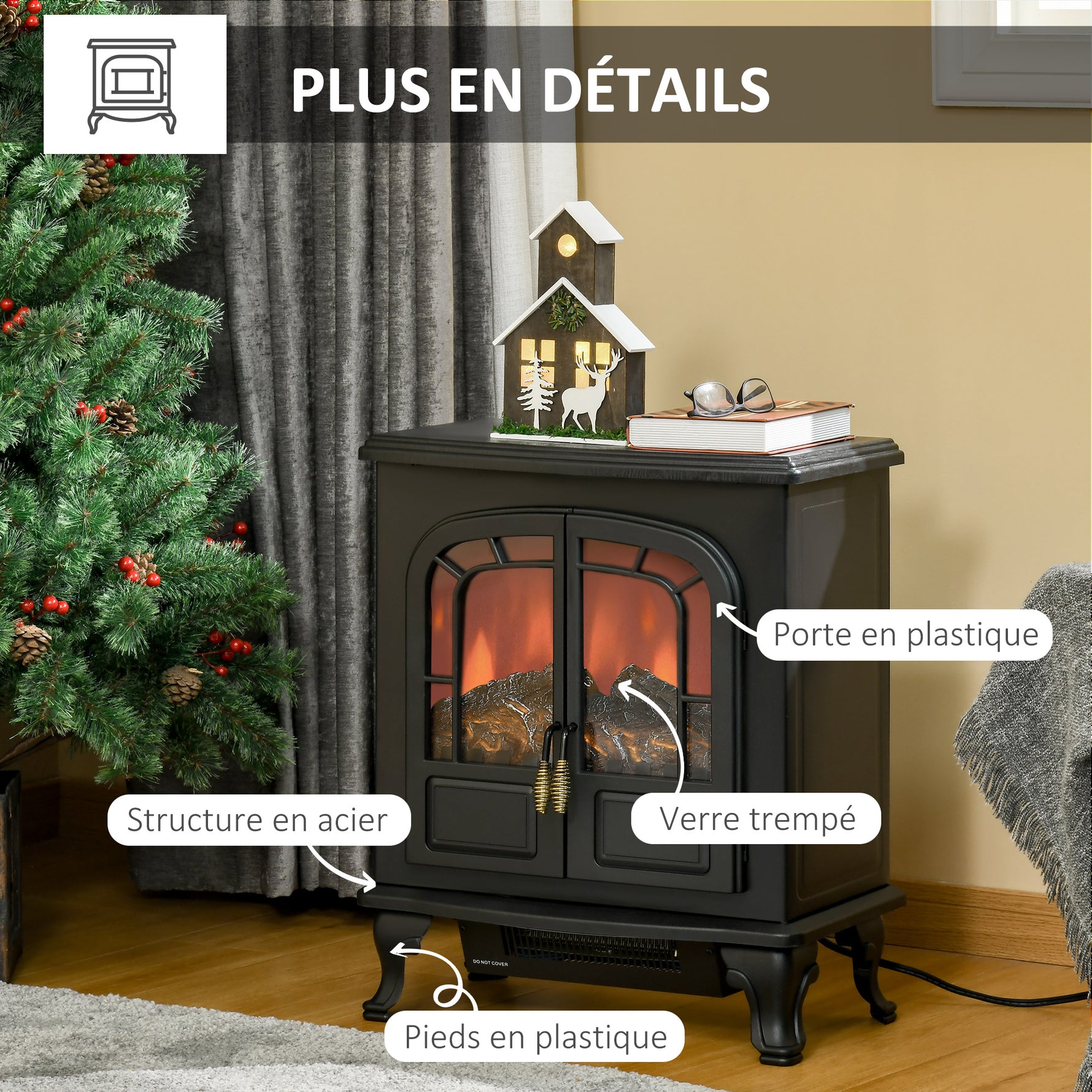 Cheminée électrique poêle Style néo-rétro 2 Portes Verre trempé 1000/2000 W LED luminosité réglable Acier ABS Noir