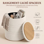 Pouf de Rangement en Chenille avec Couvercle, Tabouret Rond pour Salon et Chambre, Beige