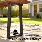 Banc de Jardin en Bois Sans Dossier en Bois, Pieds trapézoïdaux en acier, 2 Places à Effet Bois, 150x28x48cm, Carbonisé