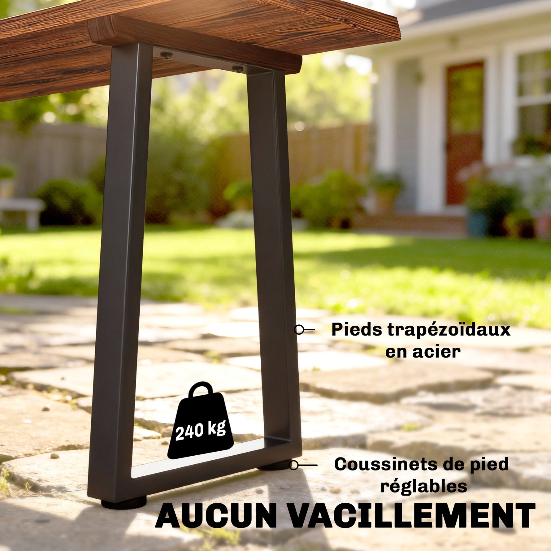 Banc de Jardin en Bois Sans Dossier en Bois, Pieds trapézoïdaux en acier, 2 Places à Effet Bois, 150x28x48cm, Carbonisé