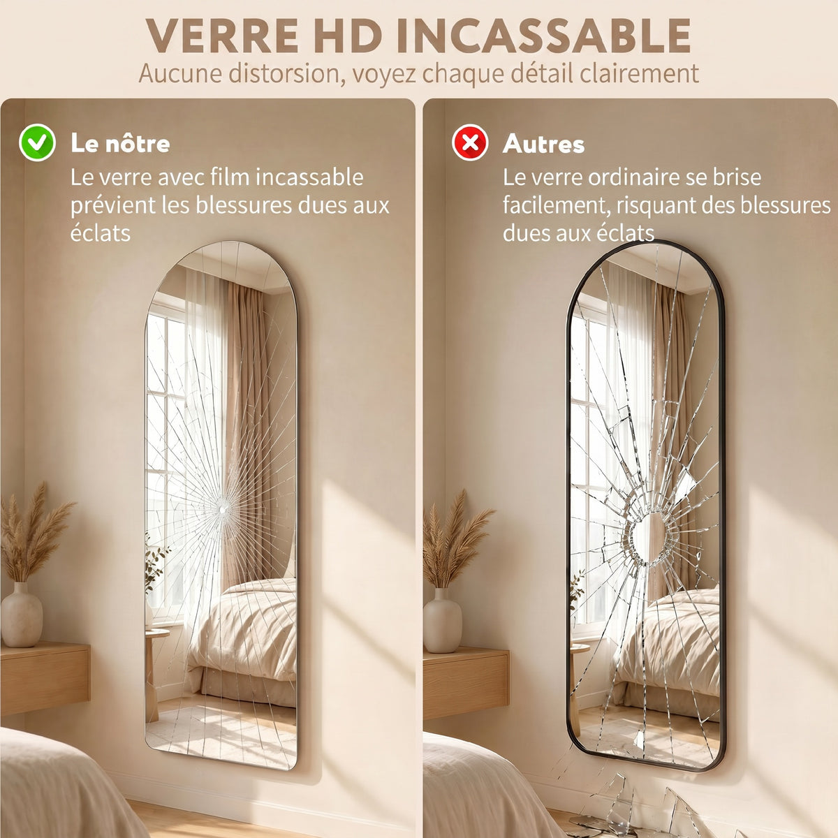 Grand miroir mural 120 x 40 cm avec éclairage LED miroir arqué, intensité variable et 3 couleurs d'éclairage transparent
