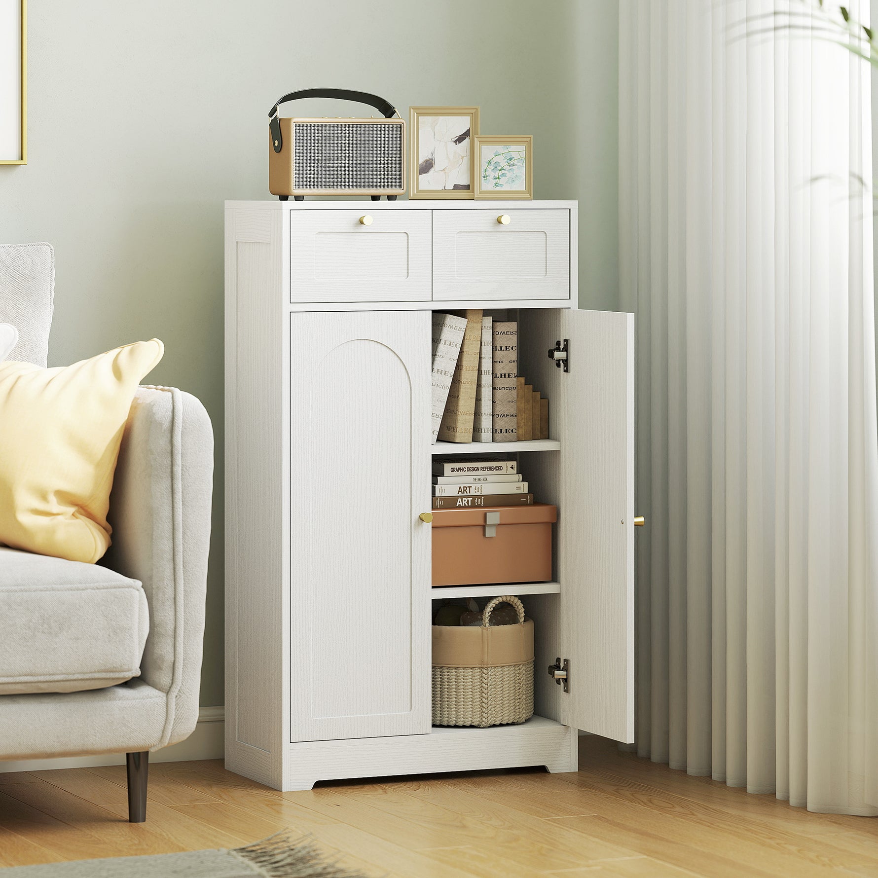 Meuble de salle de bain meuble de rangement avec 2 tiroirs double porte arquée étagères réglables 60x30x108cm blanc