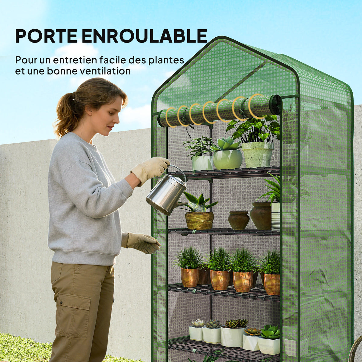 Serre de jardin Serre 5 niveaux avec 1 porte enroulable, Bâche en PE Renforcée Résistante dim. 90L x 49l x 193H cm