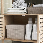 Colonne de salle de bain armoire de rangement en bambou 3 étagères 1 placard 63 x 30 x 138 cm bois naturel et blanc