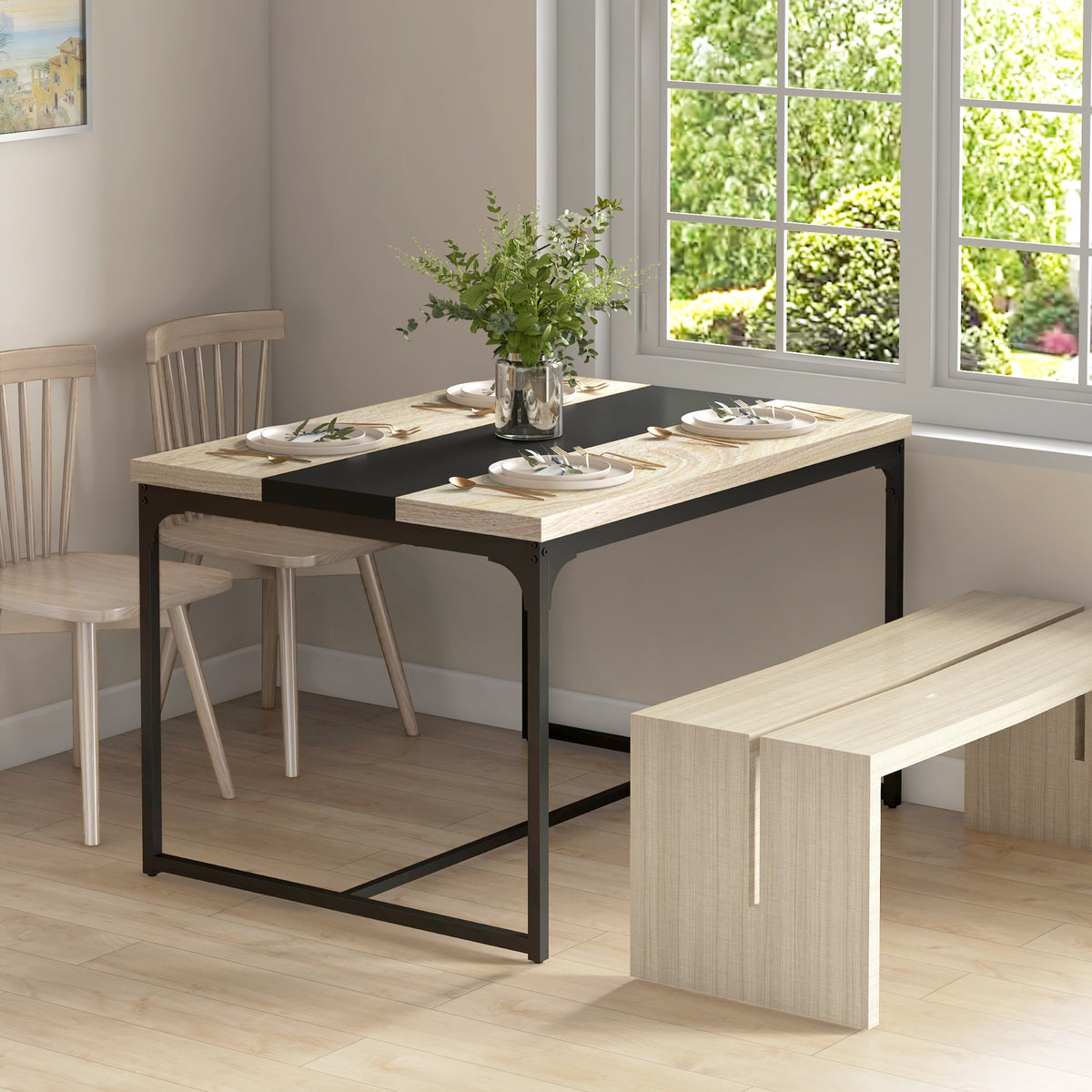 Table de salle à manger pour 6 personnes, style industriel en métal noir et bois, dim. 120L x 89l x 75,5H cm