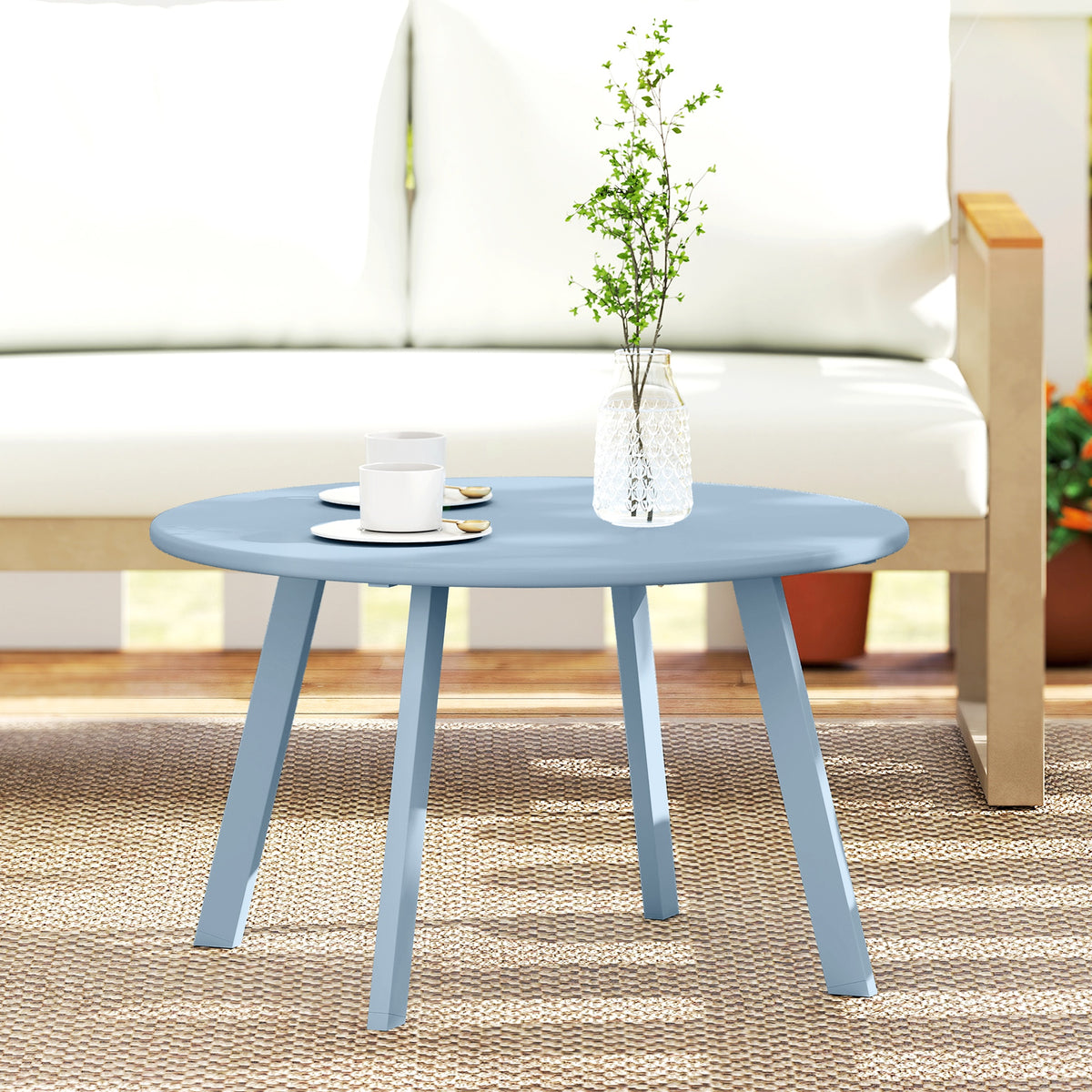 Petite table basse ronde, table d'appoint avec patins antidérapants, cadre en métal, pour jardin, Ø 70 x 42 cm, bleu
