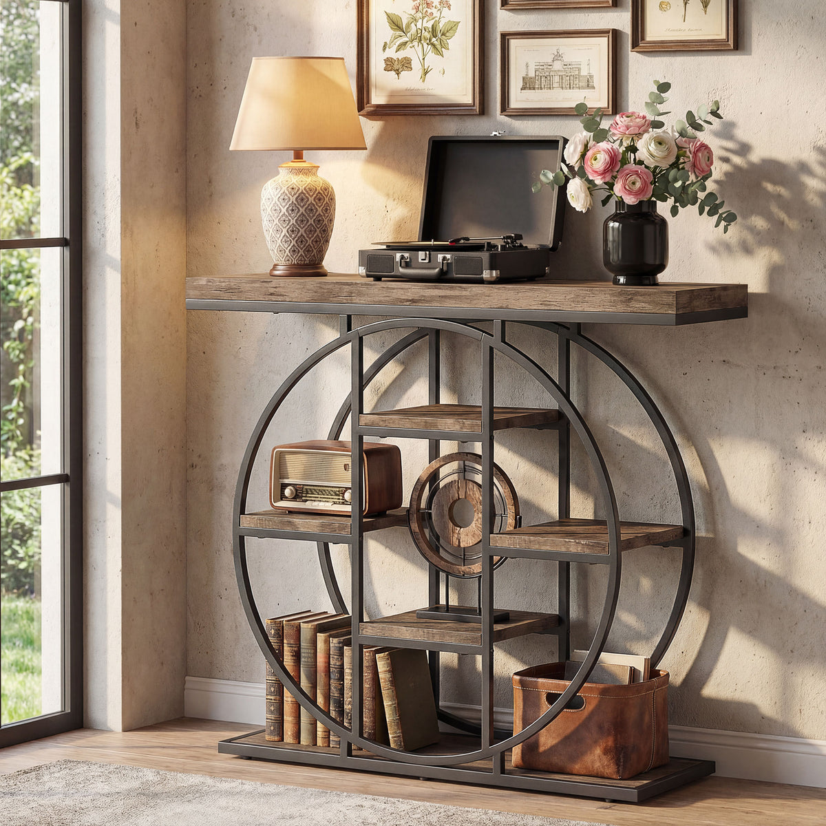 Tavolo Consolle da Ingresso Mobile da Ingresso Industriale 6 Ripiani Piano da 4cm 100 x 30 x 81,5cm Marrone Rustico