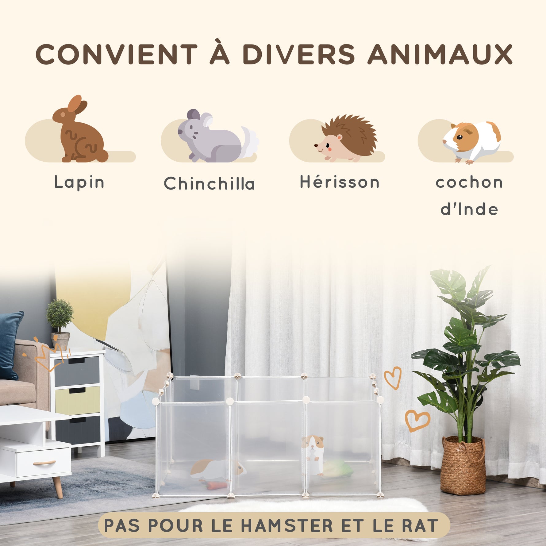 Enclos parc modulable pour petits animaux 12 panneaux pour lapin, hamster, chiot, cochon 105 x 105 x 45 cm blanc