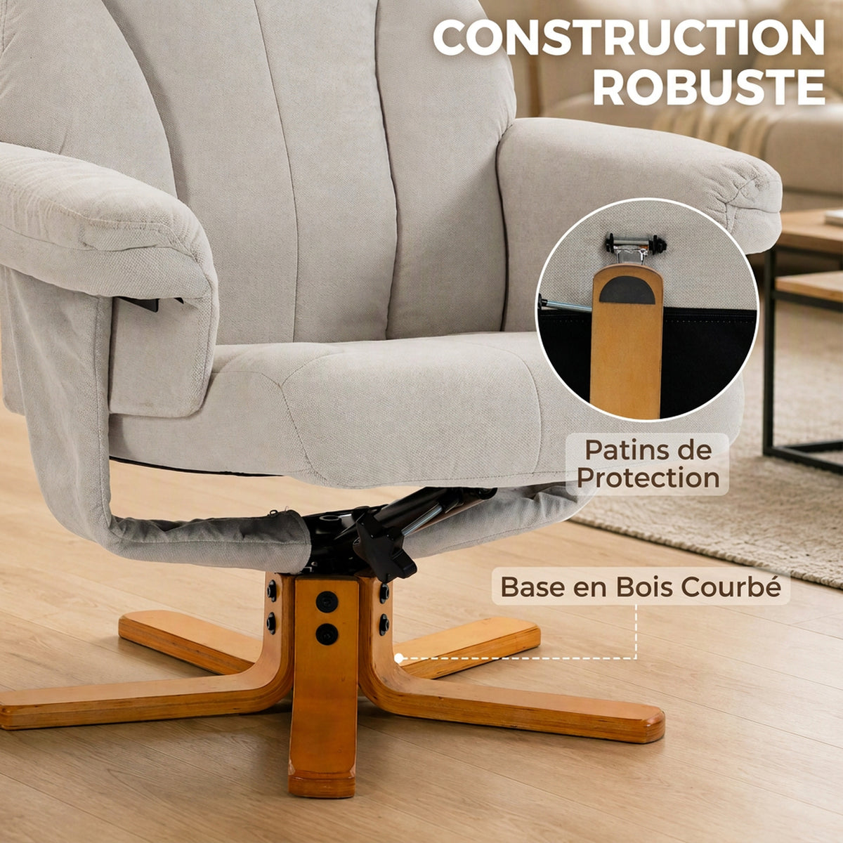 Recliner chair with footrest, relaxation chair, reclining backrest, padded seat, 79x80x104cm, cream