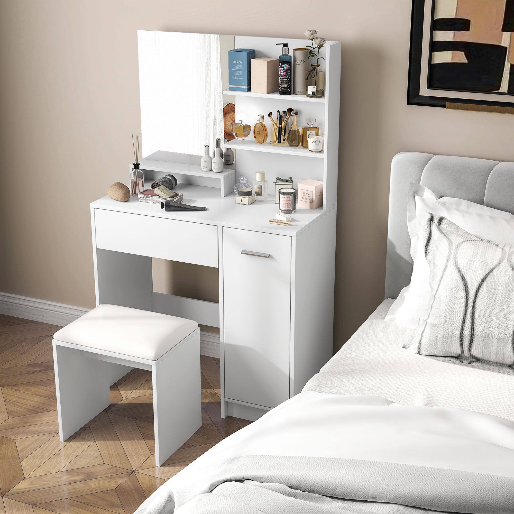 Vanity set with mirror and stool, drawer, adjustable shelf cabinet for bedroom 80W x 40D x 132H cm, white