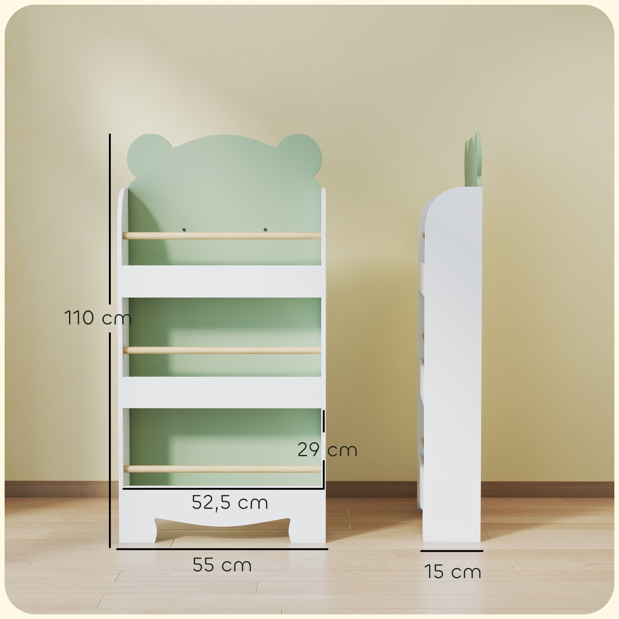 Children's bookshelf, 3-tier kids' book storage for playroom, children's bedroom, green