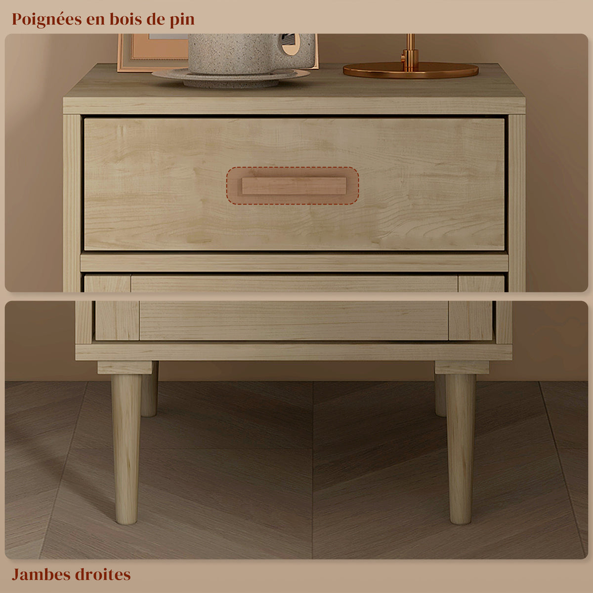 Table de chevet avec placard et étagère porte rotin tissé 1 tiroir design bohème - 40 x 40 x 68,5 cm naturel
