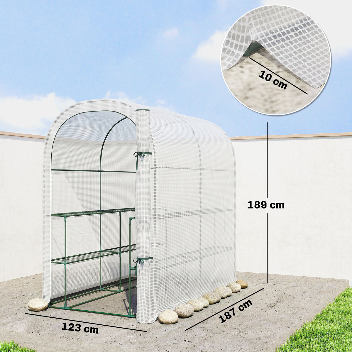 Serre de jardin avec étagères, 123x187x189cm, petite serre avec porte enroulable, bâche PE haute densité 140 g/m², blanc