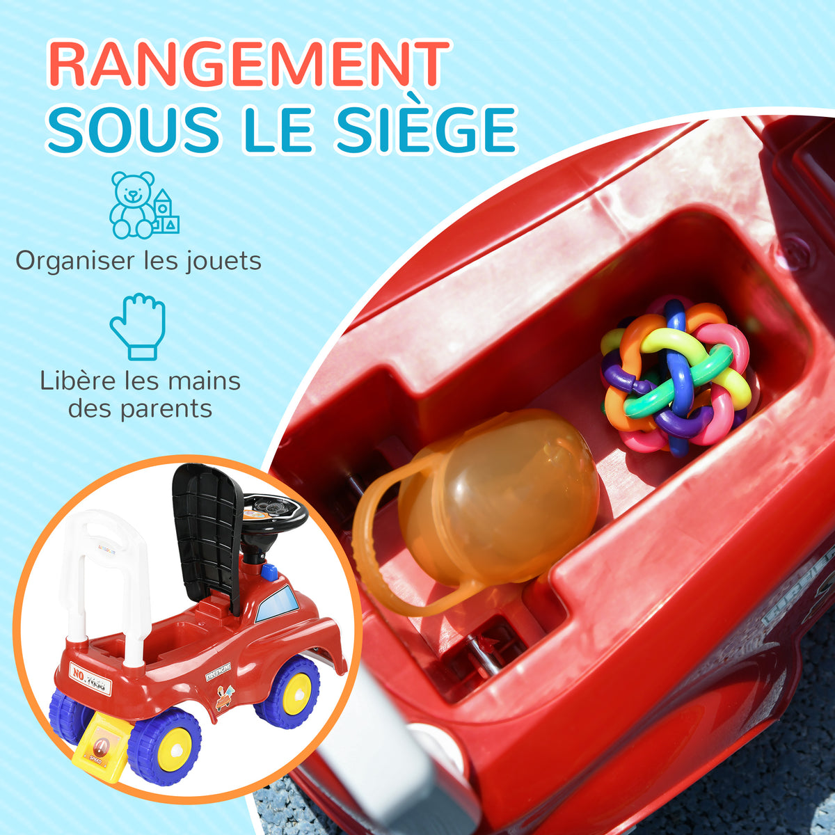 Porteur trotteur Enfants véhicule à pousser camion de pompier 18-36 Mois Coffre phares musique rouge