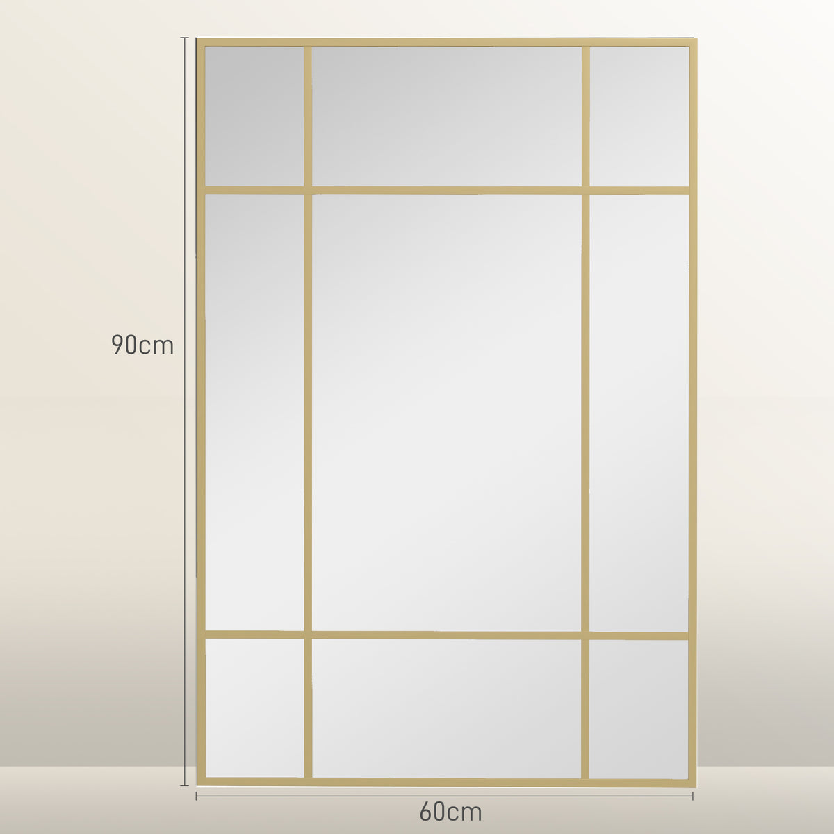 Specchio da parete stile finestra rettangolare, orizzontale o verticale con 4 ganci, in metallo dorato - 90x60 cm