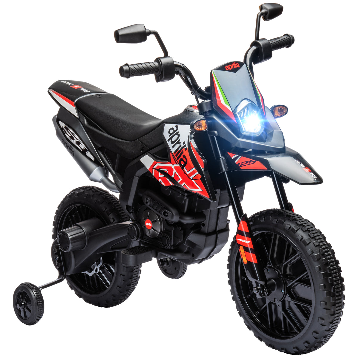 Elektro-Motorrad für Kinder mit offizieller Aprilia-Lizenz, 2 Motoren 12V, Stützräder, LED-Licht, Musik – rot