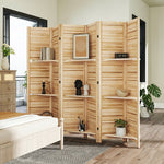 Paravent intérieur en bois 4 panneaux 160 x 170 cm, séparateur de pièce pliable 3 étagères, bois naturel effet brûlé