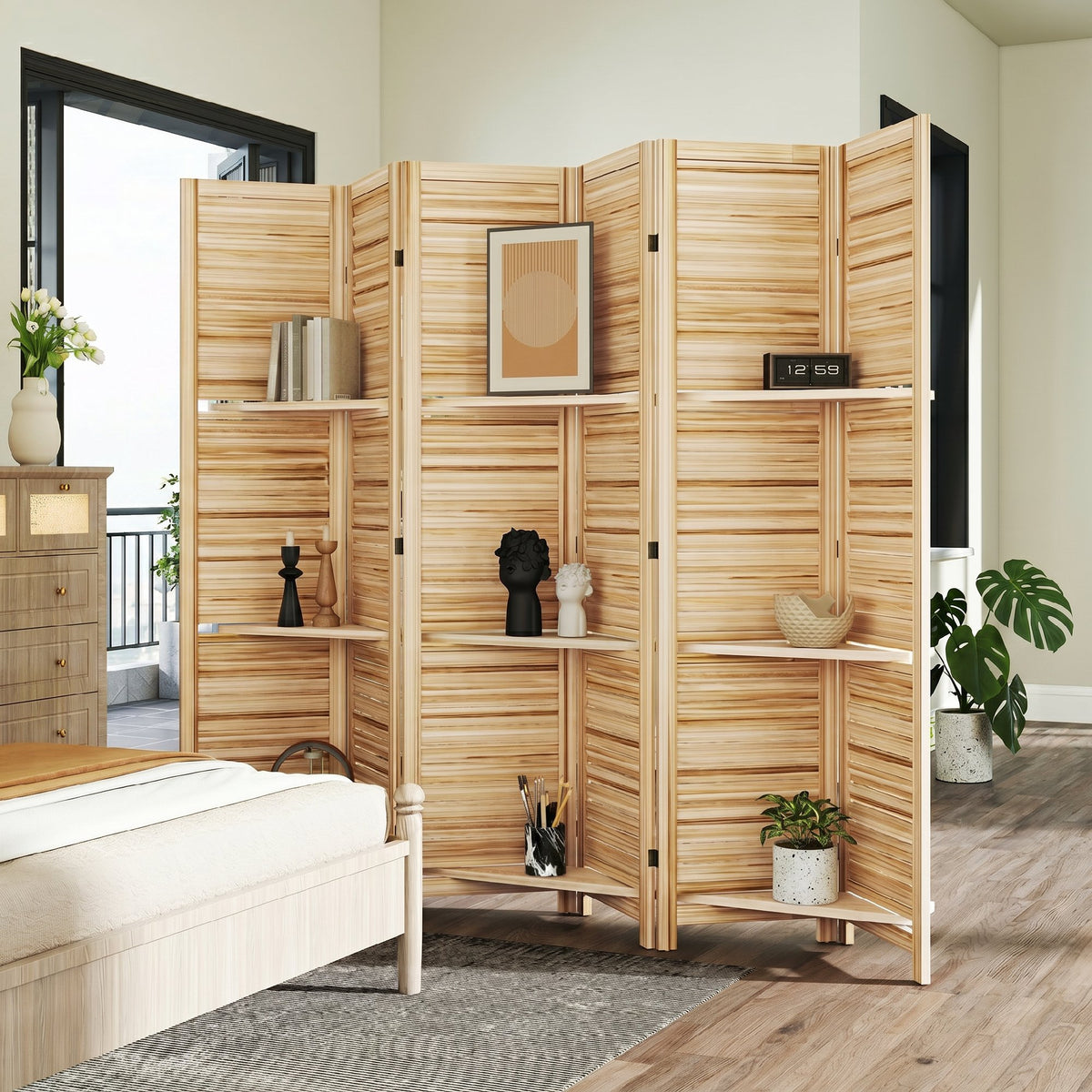 Paravent intérieur en bois 4 panneaux 160 x 170 cm, séparateur de pièce pliable 3 étagères, bois naturel effet brûlé