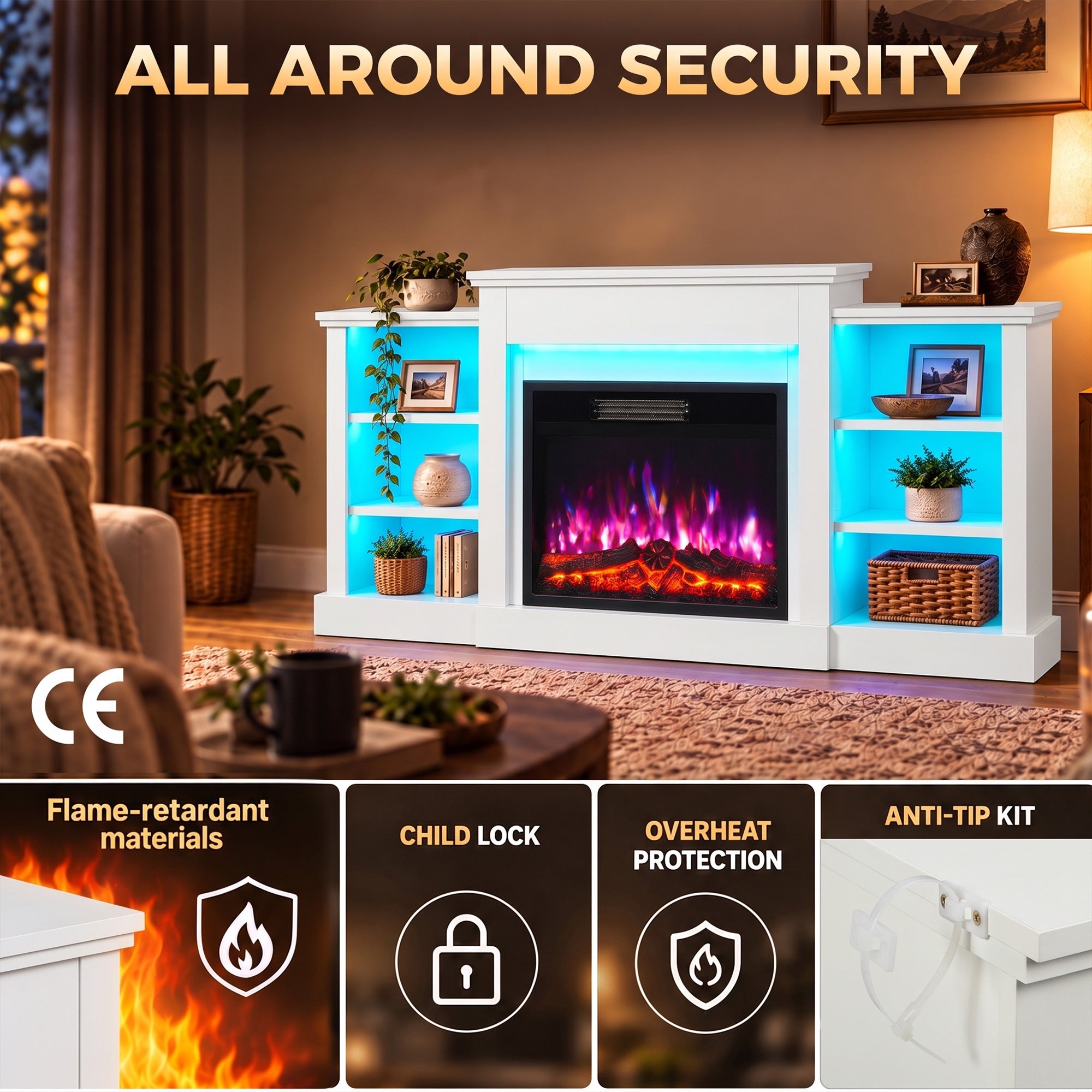 Cheminée Électrique Meuble TV Jusqu'à 65 Pouces avec 6 Étagères Effet Flamme 3D 12 Couleurs Ruban LED RGB Blanc
