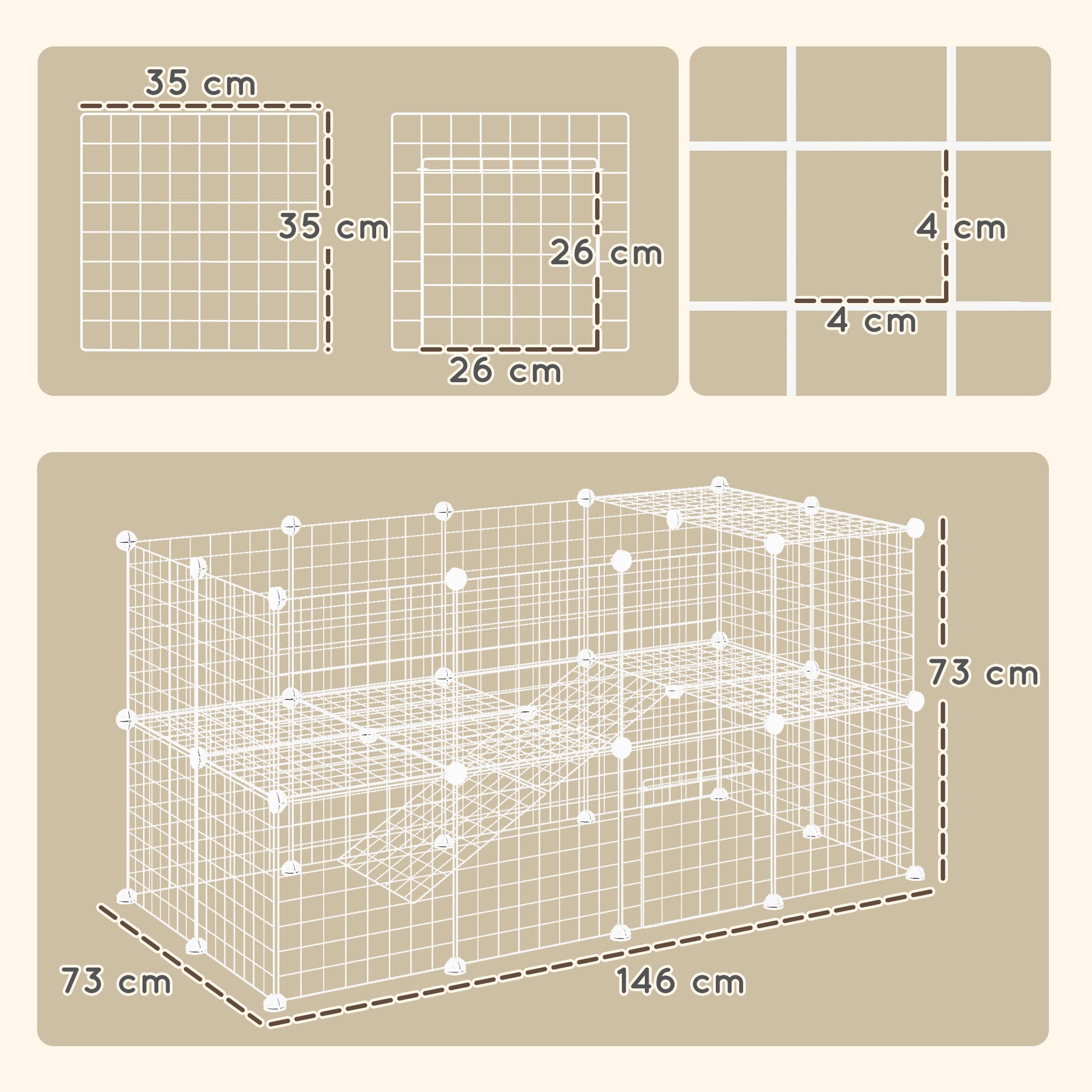 Cage parc clôture pour animaux domestiques enclos pour petits animaux modulable 2 niveaux fil en acier 146x73x73cm blanc