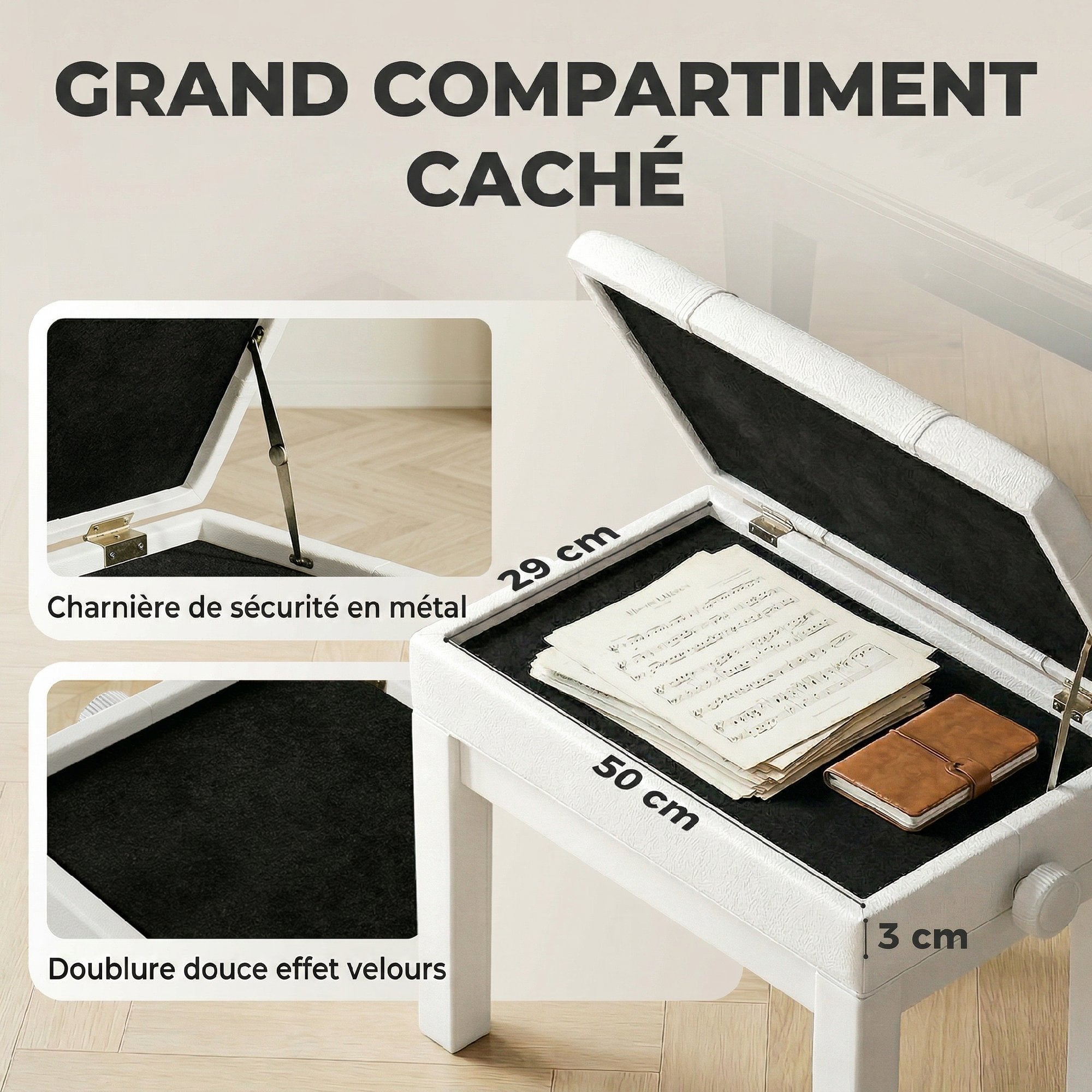 Banquette tabouret siège pour piano coffre intégré hauteur réglable bois hévéa assise revêtement synthétique blanc