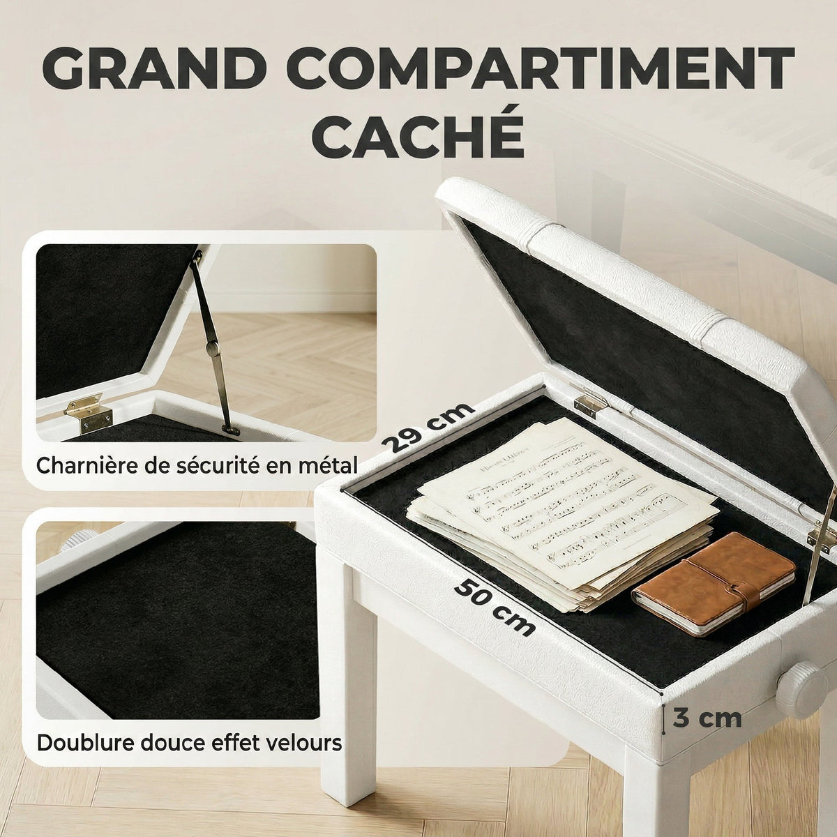 Banquette tabouret siège pour piano coffre intégré hauteur réglable bois hévéa assise revêtement synthétique blanc