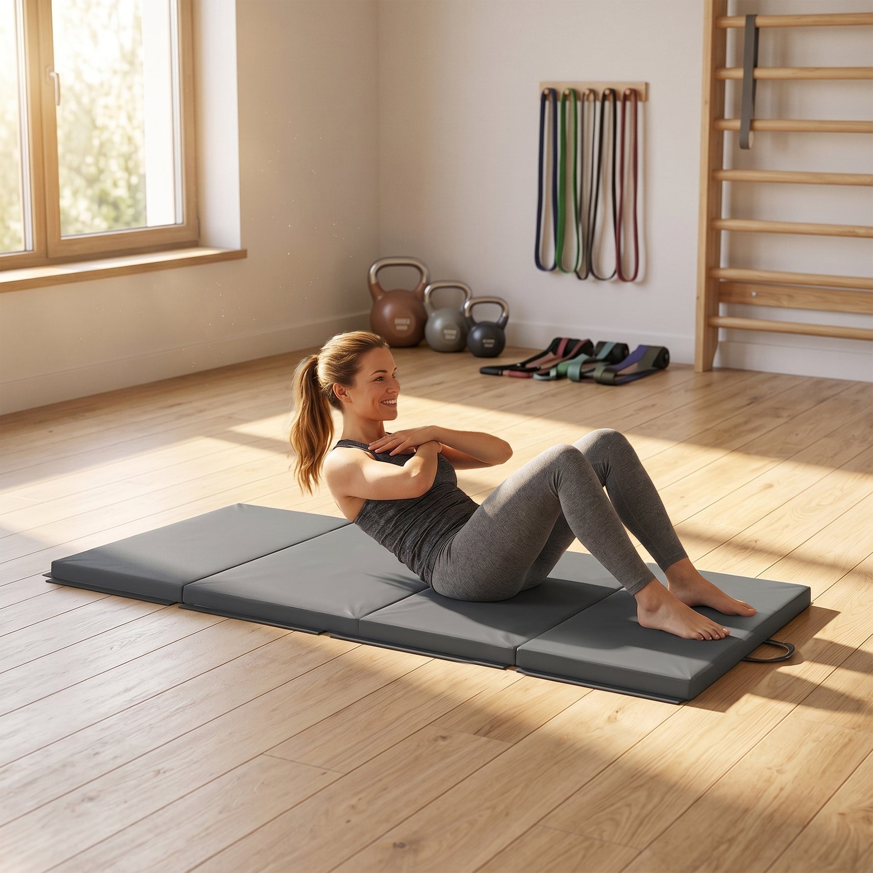 Tapis de gymnastique yoga pilates fitness pliable en 4 avec poignées revêtement synthétique 180 x 80 x 5 cm gris