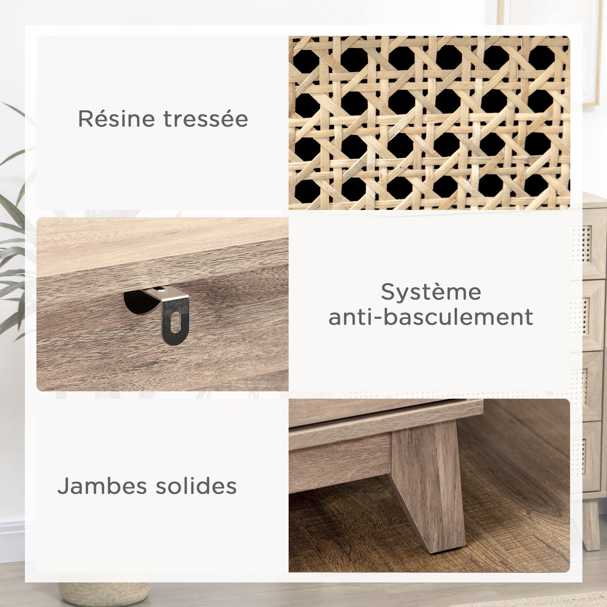 Commode 4 tiroirs meuble de rangement cannage en rotin aspect bois clair 80 x 35 x 95 cm