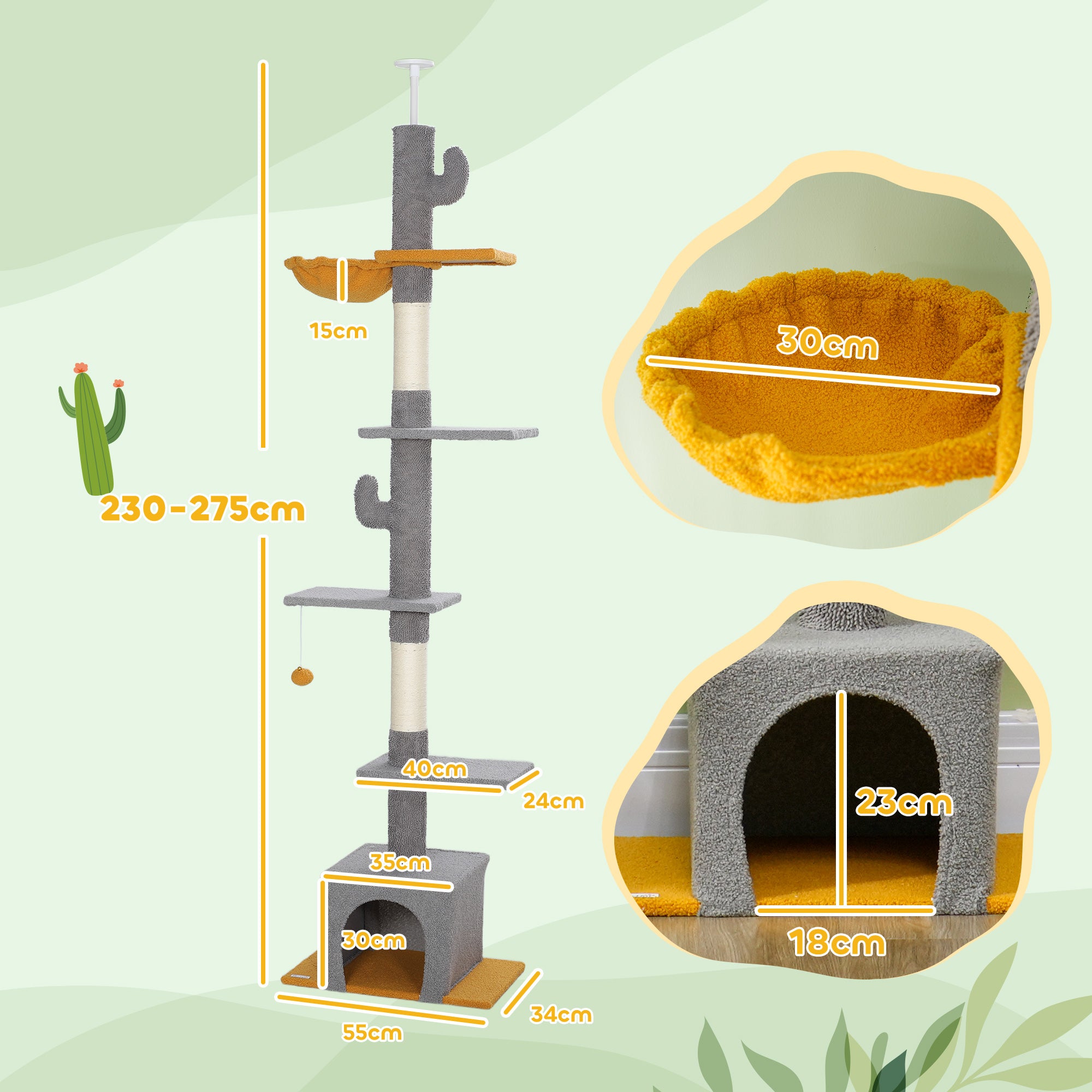 Arbre à chat, hauteur 275 cm, 6 niveaux pour chat d'intérieur, du sol au plafond, avec plate-formes, niche, gris clair