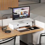 Rehausseur écran PC bureau support d'écran d'ordinateur de 60-116 cm avec 2 tiroirs, longueur et angle réglables