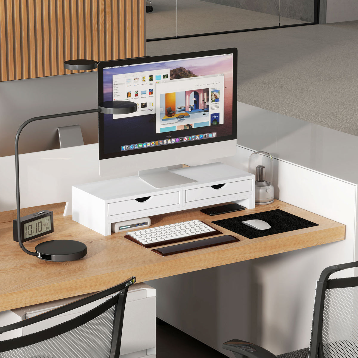 Rehausseur écran PC bureau support d'écran d'ordinateur de 60-116 cm avec 2 tiroirs, longueur et angle réglables