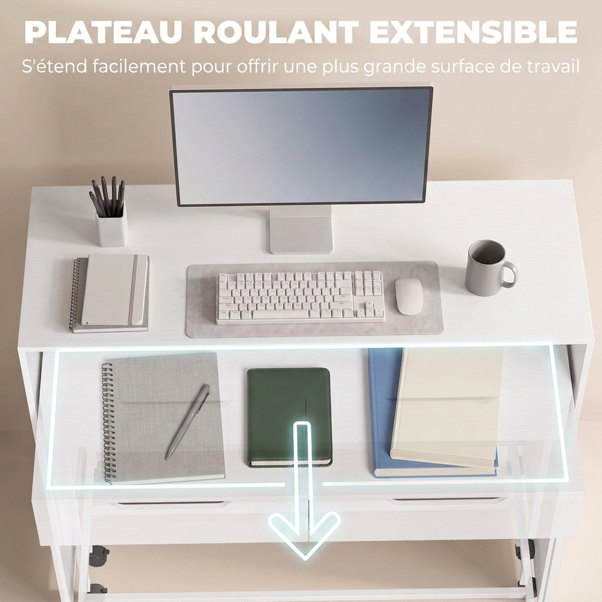 Bureau d'Ordinateur Extensible 100 cm avec 2 Tiroirs, Bureau avec Rangement, Style Moderne, Blanc