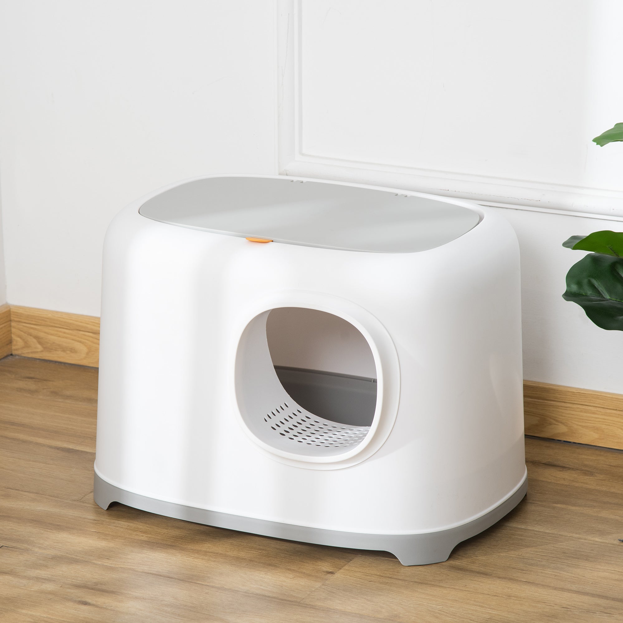 Lettiera per gatti chiusa con coperchio e paletta, Plastica (PP), 55L x 40P x 39A cm, bianco