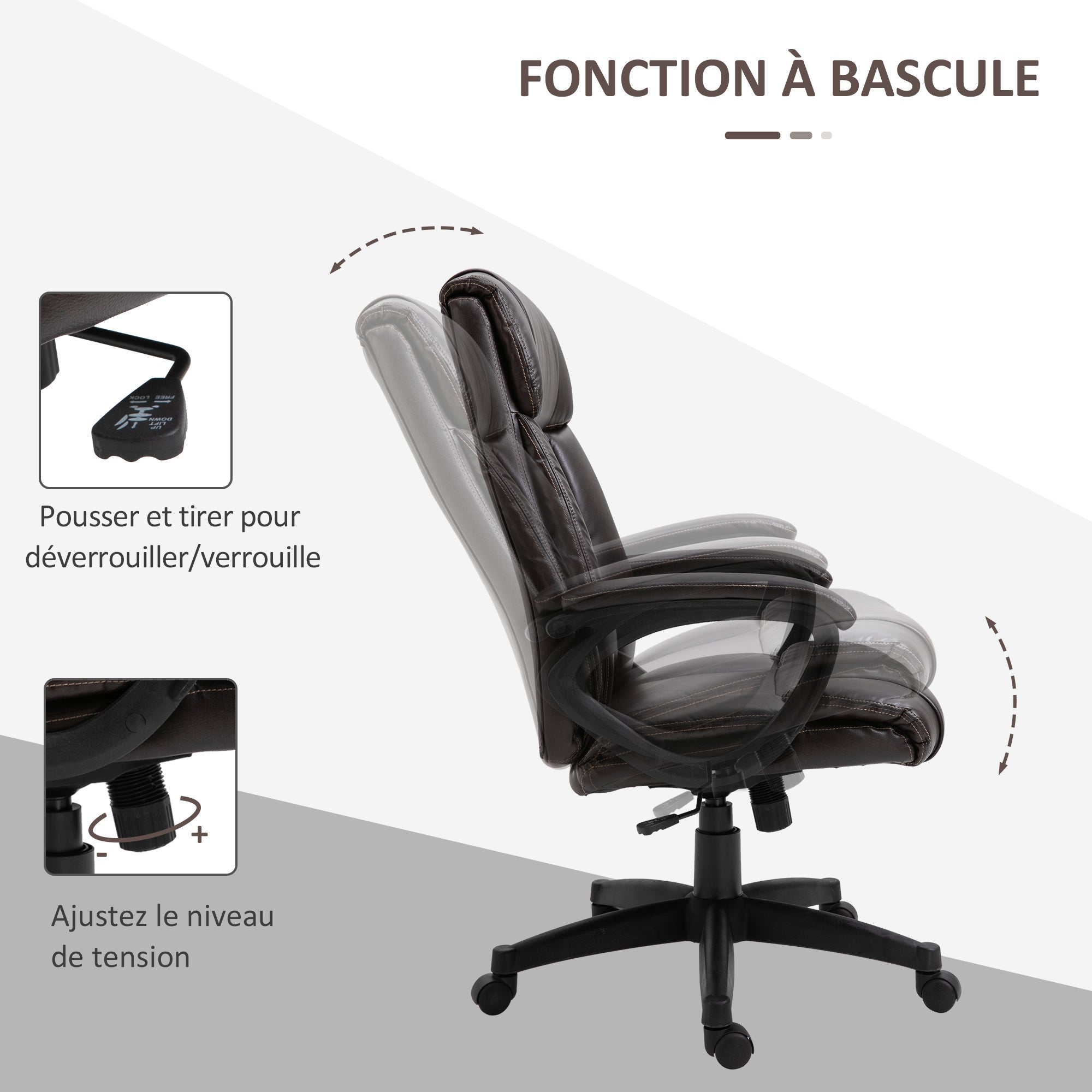 Bureaustoel ergonomische bureaustoel verstelbaar zwenkwielen 360° draaibaar PU-kunstleer bekleding 64 x 73 x 106-115,5 cm chocolade