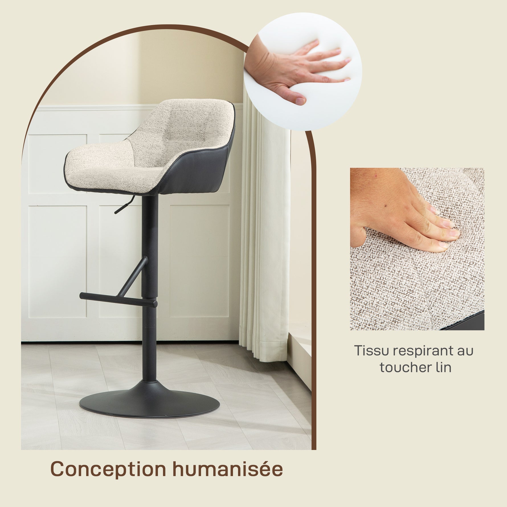 Lot de 2 tabourets de bar chaises de bar hauteur réglable tissu effet lin et base en acier 52,5 x 53 x 86,5-108 cm gris