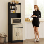 Buffet haut cuisine, armoire de cuisine, tiroir, 3 portes, étagères ouvertes, plan de travail, 60x40x180cm, bois naturel