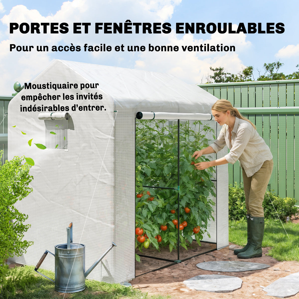 Serre de jardin PE, serre de balcon, bâche renforcée 135 g/m², châssis en acier, porte zippée, 200 x 140 x 200 cm, blanc