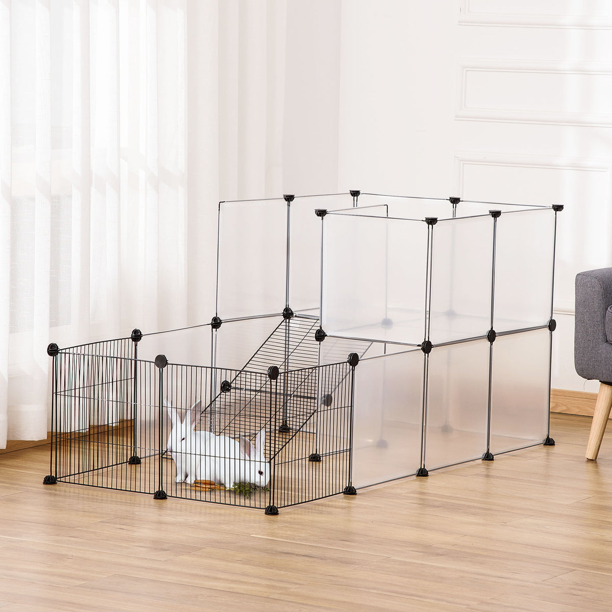 Design DIY modulaire kooi voor kleine dieren, box voor cavia's, konijnen, chinchilla's en kleine huisdieren, 27 panelen, zwart
