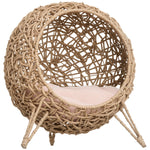 Panier chat lit surélevé chat cosy niche grotte grand confort dim. Ø 52 x 58H cm coussin moelleux inclus résine tressée imitation rotin beige