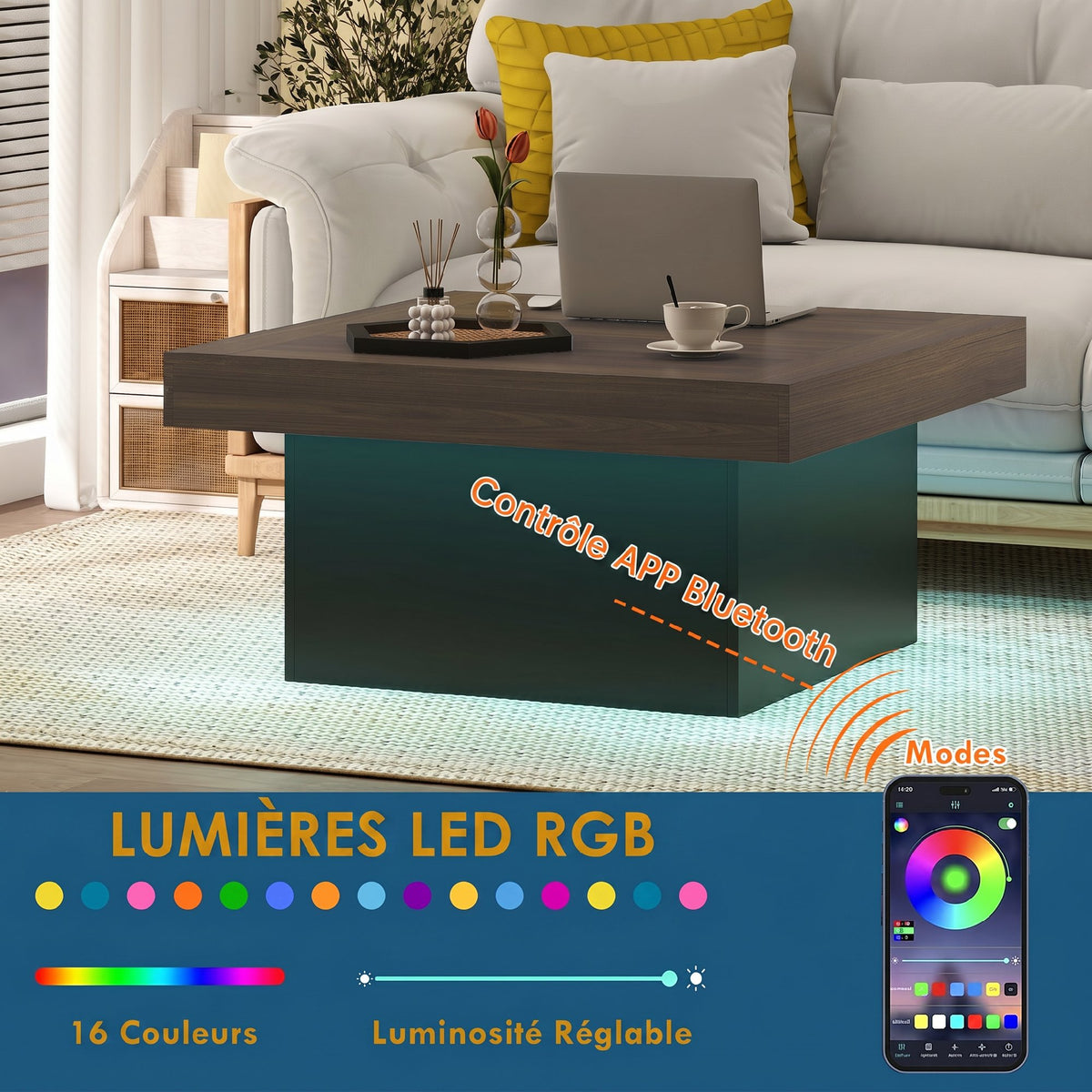Mesa de centro cuadrada con iluminación LED de 16 colores, mesa de salón moderna, 90 x 90 x 45 cm, nogal