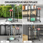 Organisateur d'outils de jardin, support à outils de jardin 40 compartiments à 2 niveaux avec roues 57 x 48 x 70 cm noir