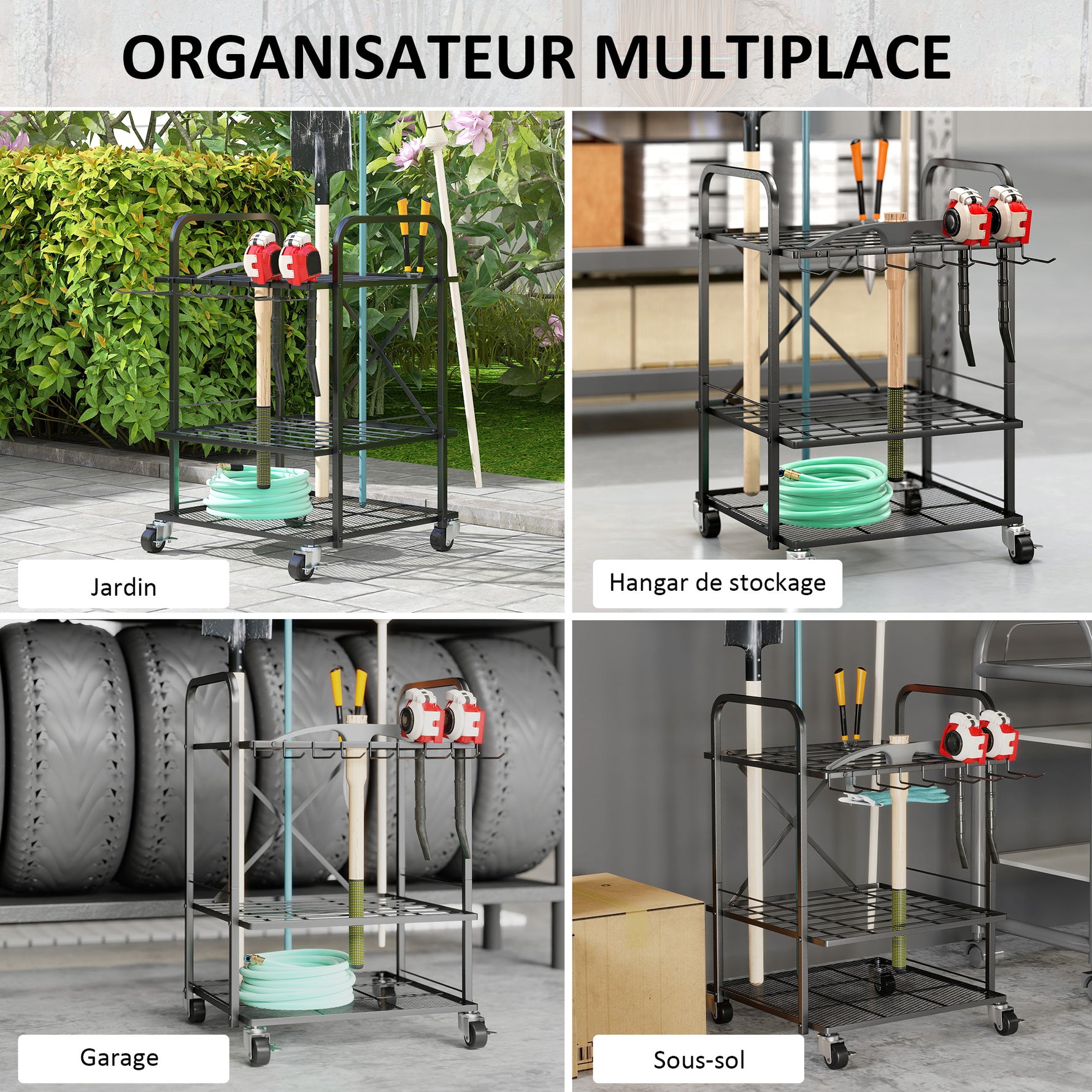 Organisateur d'outils de jardin, support à outils de jardin 40 compartiments à 2 niveaux avec roues 57 x 48 x 70 cm noir