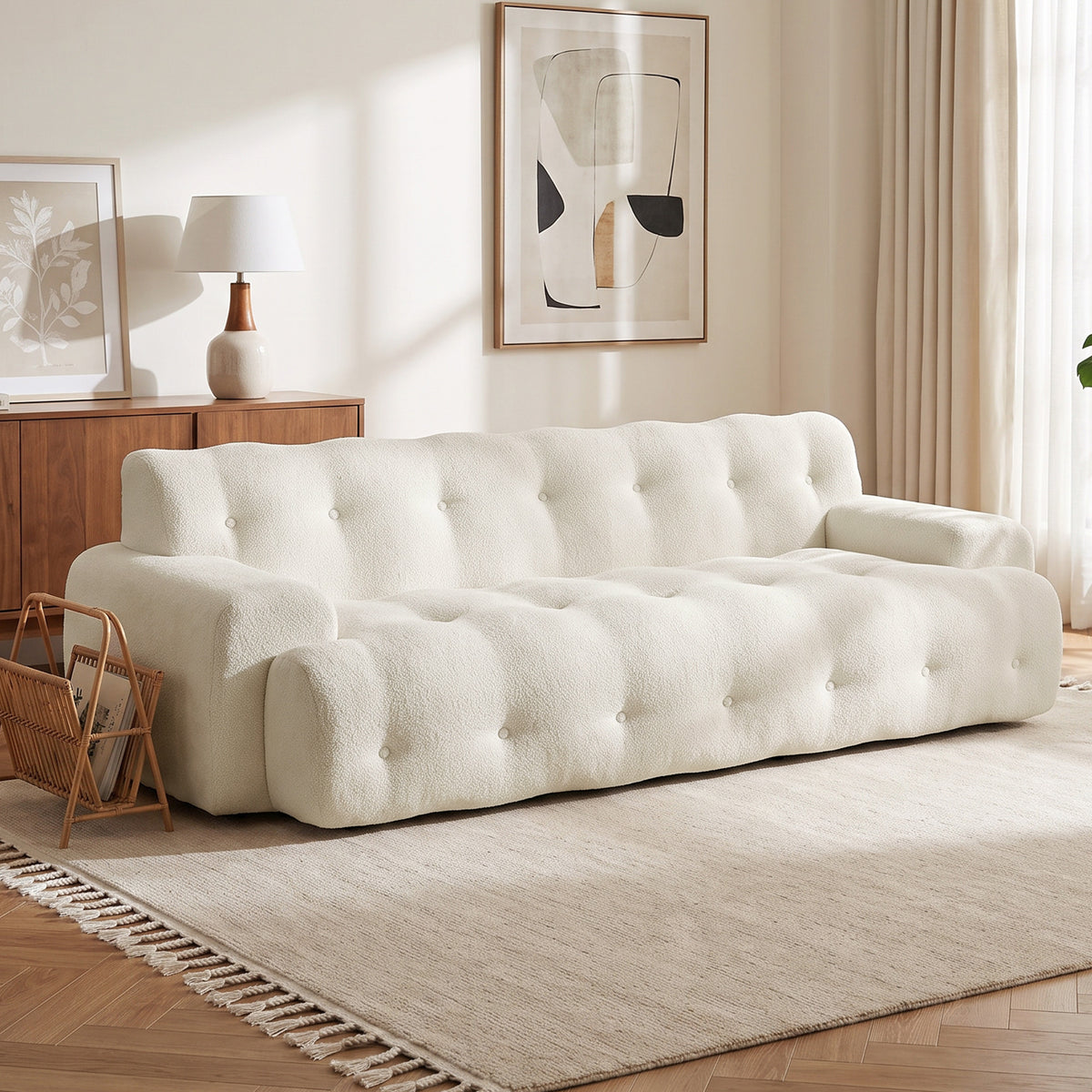 Canapé 3 Places en Chenille 211 cm, Canapé Salon, Assise Profonde, Entièrement Compressé Sans Montage, Crème