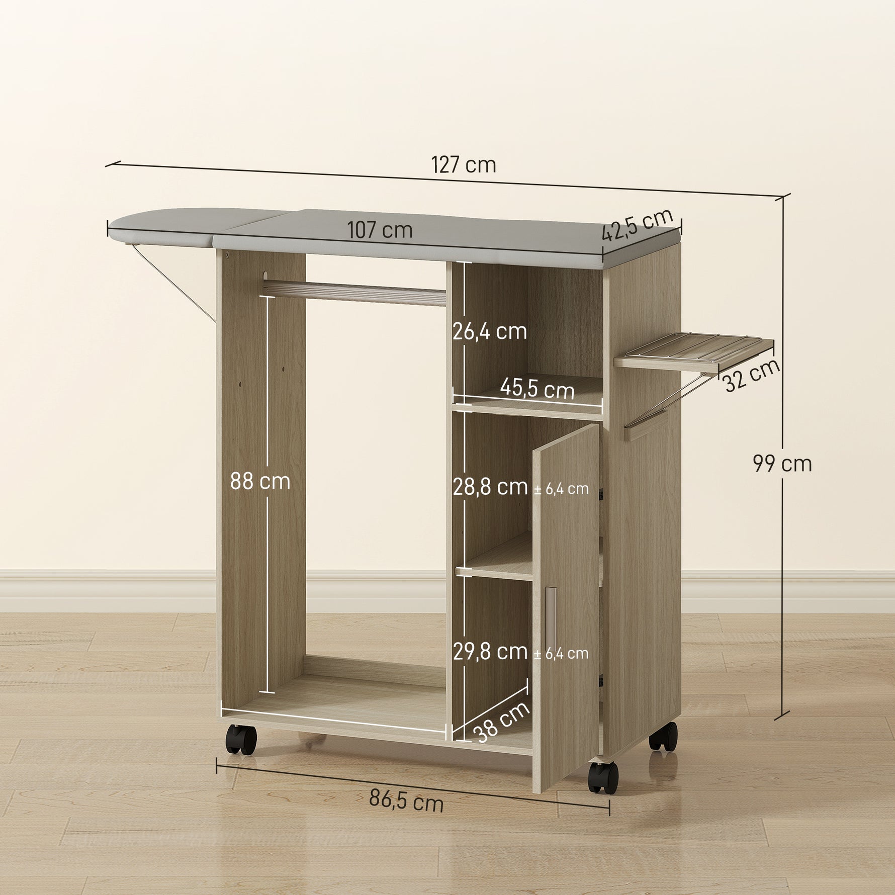 Armoire à repasser sur roulettes, table à repasser pliante, étagère réglable, barre de suspension, 127x42,5x99cm naturel