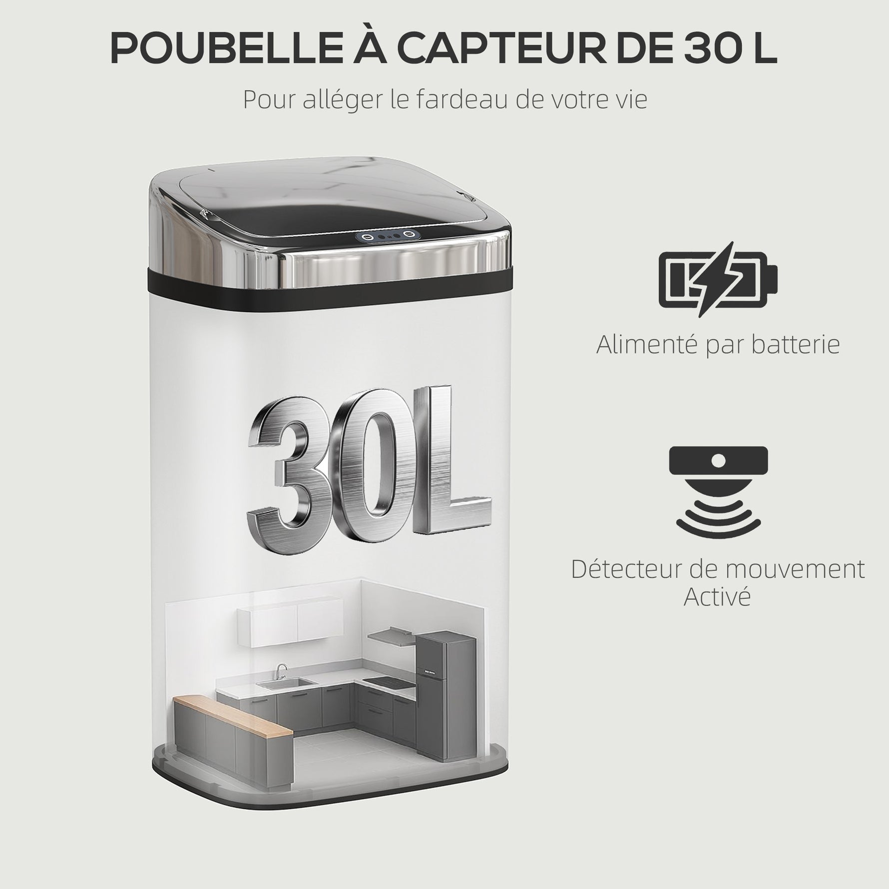 Poubelle à capteur de mouvement ouverture automatique 1 bac de 30 L en acier inoxydable