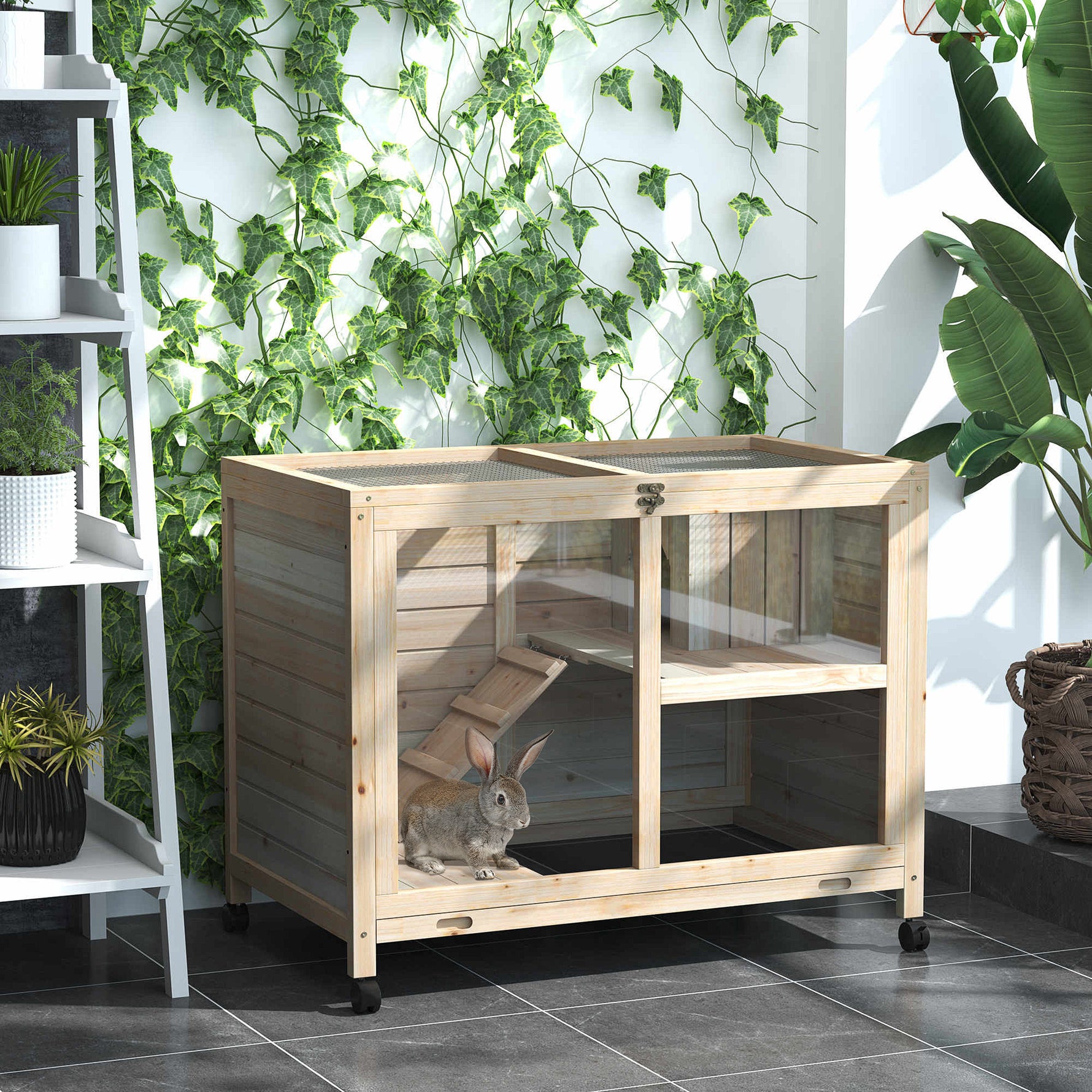 Cage à lapin clapier sur roulettes petit enclos animaux en bois massif 2 étages toit ouvrant plates-formes 91,5 x 53,3 x 73 cm bois naturel