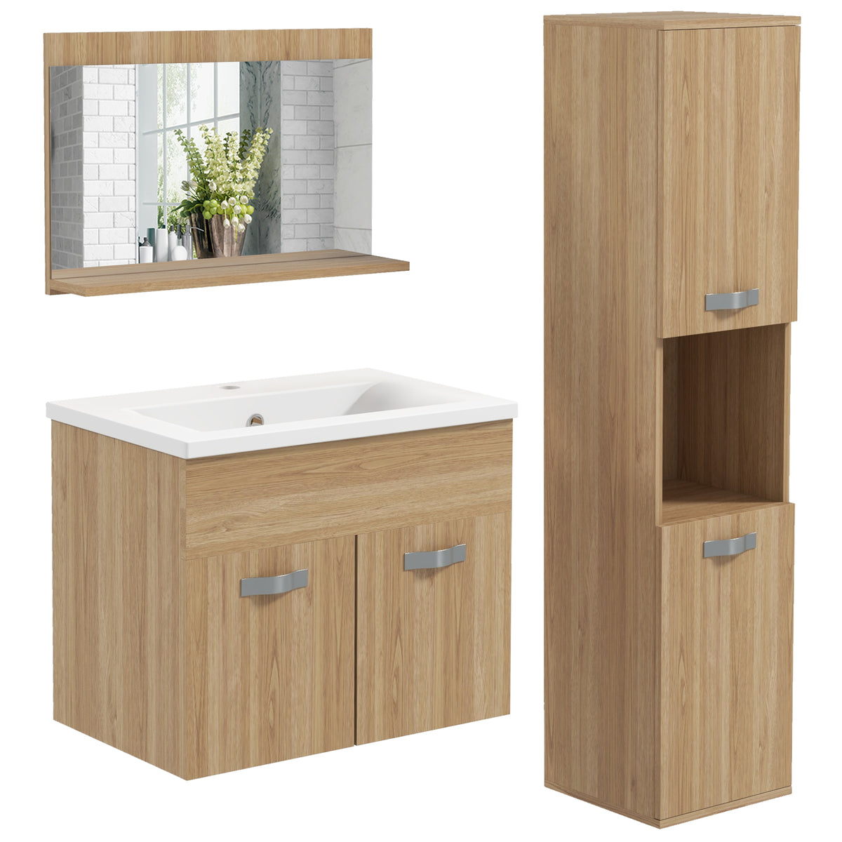 Ensemble de Meubles de Salle de Bain 4 Pièces, Mural, avec Miroir, Meuble sous Vasque, Lavabo et Armoire Haute, Naturel
